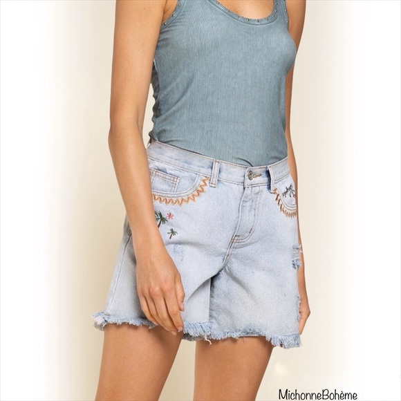 Boho Embroidered Distressed Denim Shorts - Picture 6 of 9